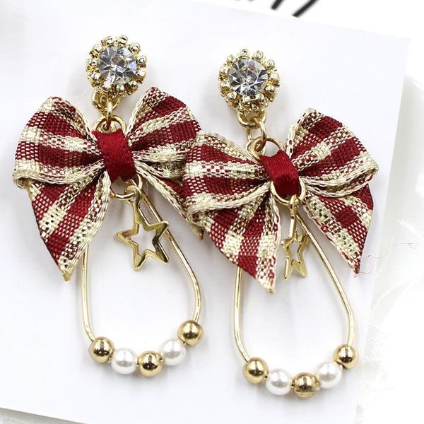 

stud temperament simple christmas korean earrings for women trend red and white grid bow sweet dating winter accessories jewelry, Golden;silver