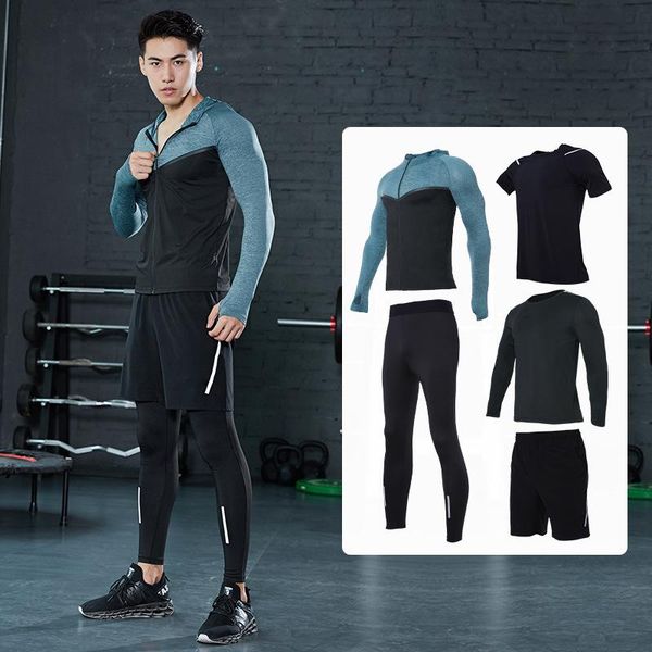 

running sets quick dry men 5pcs reflective compression sports suits basketball tights clothes gym fitness jogging sportswear, Black;blue