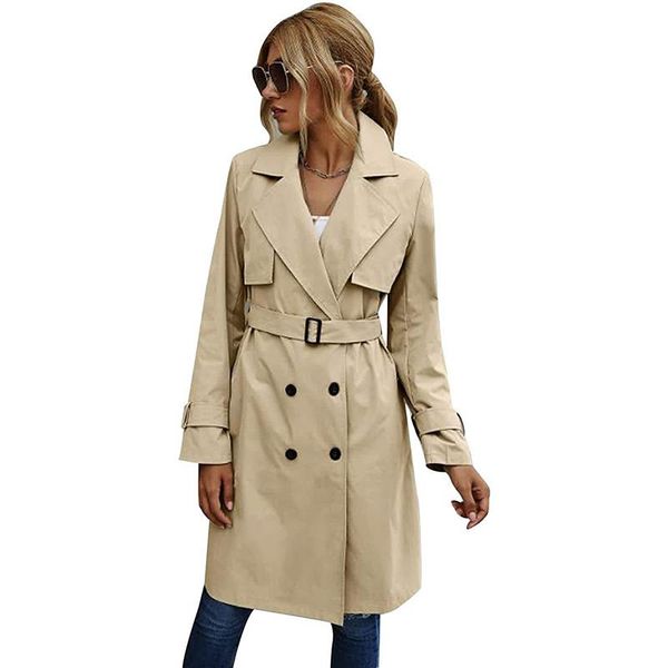 

women's trench coats autumn simple long women coat elegant office lady windbreaker manteau femme baggy regenjacke damen, Tan;black