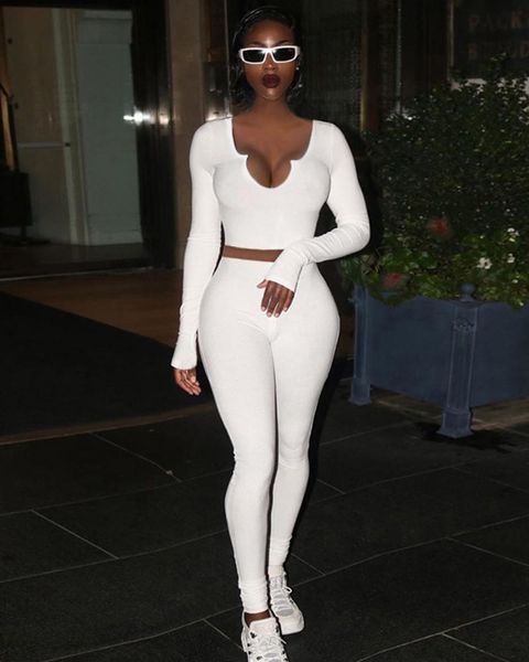 

women's two piece pants knitted tracksuits women rib solid 2 sets womens outfits casual long sleeve v neck crop and slim jogging pant s, White