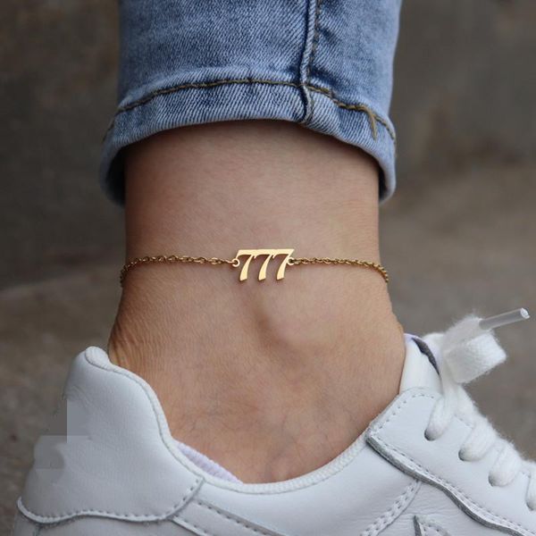 

anklets stainless steel anklet angel number 222 333 444 555 111 999 777 888 666 devil ankle bracelet gold tobilleras mujer beach jewelry, Red;blue
