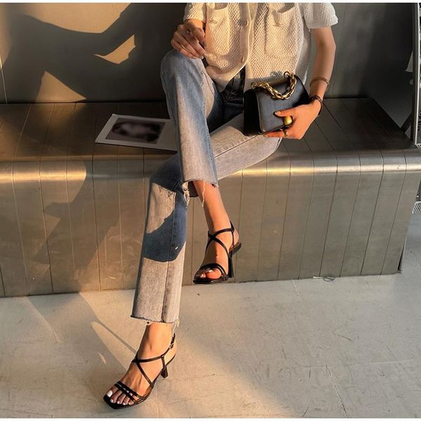

sandals women summer high heels fashion thin heel narrow band cross strap buckle ladies shoes female footwear plus size for girl, Black