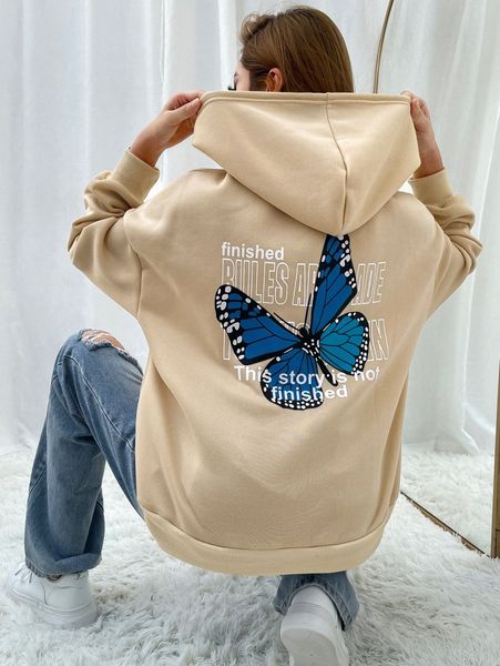

butterfly & slogan graphic drop shoulder drawstring hoodie s850#, White;black