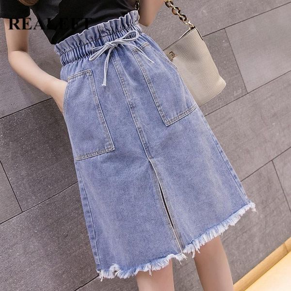 

skirts realeft spring summer denim midi tassel elastic high waist jeans casual a-line cowboy female pocket, Black