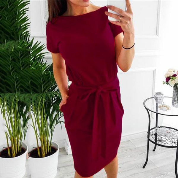 

ladies fashion pregnant lace-up belt round neck short-sleeved casual loose maternity dress dresses, White