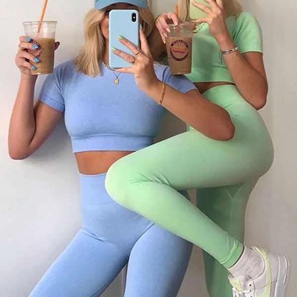 

yoga outfit 2pcs seamless women set workout clothing gym sportswear fitness short sleeve crop high waist leggings solid sports suit
