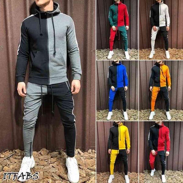 

men adults jogger sets sportswear hoodie gym zip drawstring pocket striped splicing slim fit racksuit set chandal hombre, Gray