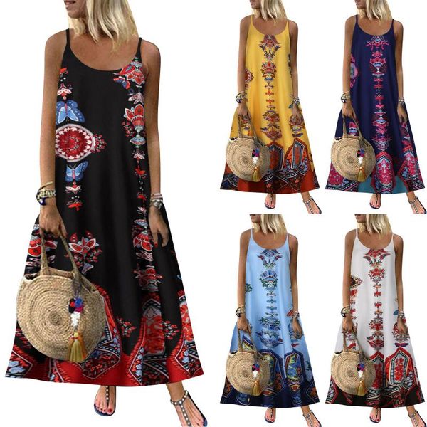 

casual dresses bohemian o neck maxi dress women multi-pattern print sundress 2021 summer plus size daily vintage, Black;gray