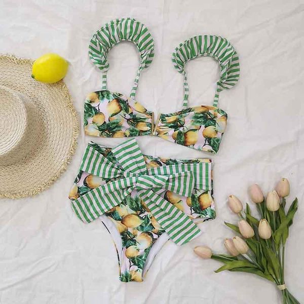 

women's swimwear women floral 2021 push-up padded bra ruffles bandage bikini set swimsuit bathing suit beachwear biquini, White;black