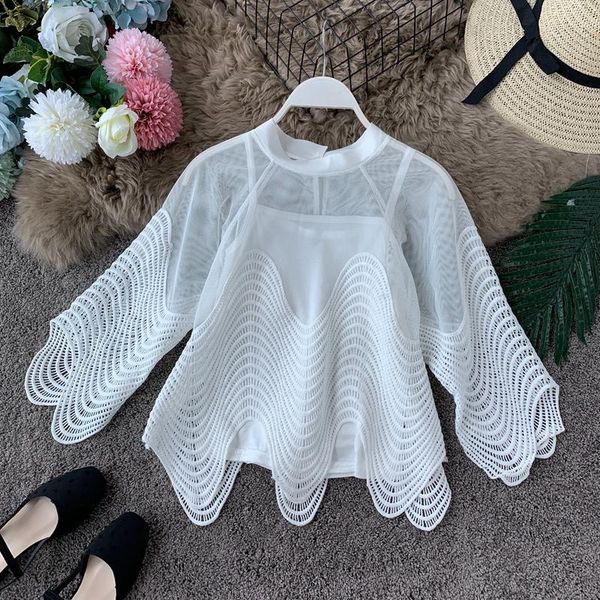 

south korean spring and autumn cut out lace shirt westernized blouse women's wave loose trumpet sleeve short blouses & shirts, White