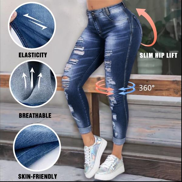

women jeans high waist skinny ripped fashion washed denim hollow hole bleached pencil pants plus size s 6xl, Blue