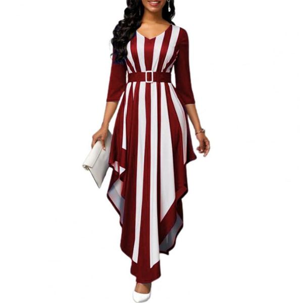

casual dresses 2021 fashion simple formal dress stripe print v neck elegant 3/4 sleeve irregular hem polyester for wedding party, Black;gray