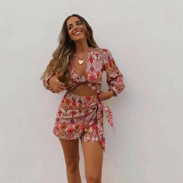 

women's tracksuits 2021 women two-piece set printing v-neck long sleeve slim clothes female vintage bow decorate shorts, Gray