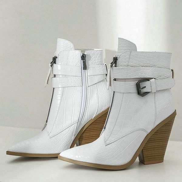 

boots brand design ankle women pu leather wedges high heels western pointed toe zipper buckle fashion autumn winter shoes, Black