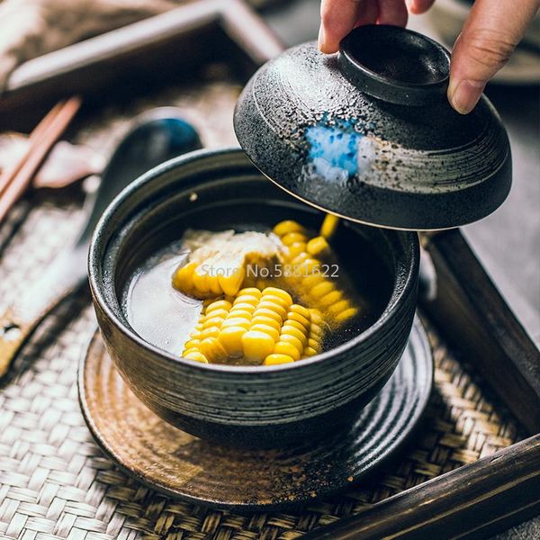 

japanese style soup cup ceramic stew with lid, spoon and bottom dish set restaurant pot small dessert bowls