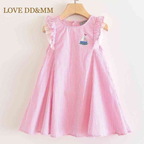 LOVE DDMM Mädchen Kleider Kinder Kleidung Süßes gestreiftes Segelboot Sailor Print Rundhals Prinzessin Kleid 210715