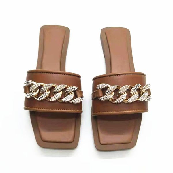 

slippers summer flat slides bling crystal chain decoration square toe sandals for ladies outdoor, Black