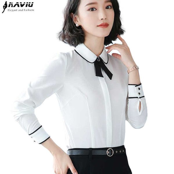 

naviu spring women blouse elegant clothes formal business slim long sleeve chiffon bow tie shirt office lady plus size 210604, White