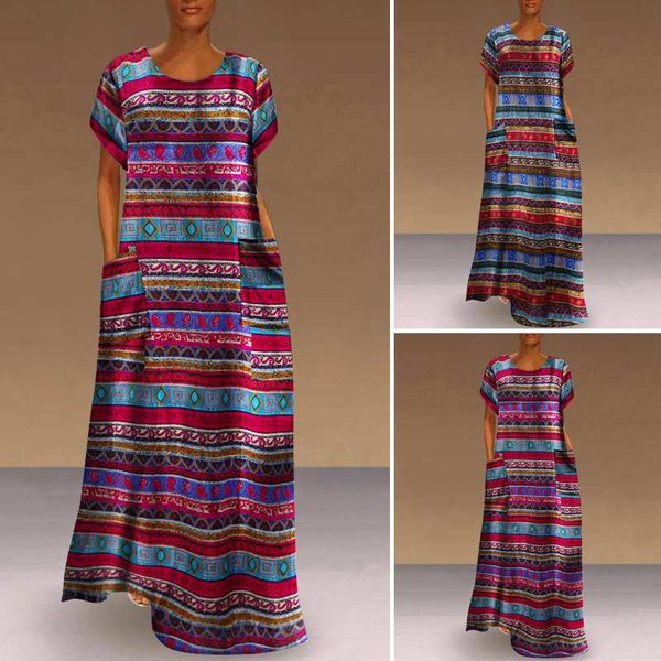 

casual print sundress 2021 fashion vonda womens summer maxi dress short sleeve vestidos female o neck dresses robe femme 5xl, Black;gray