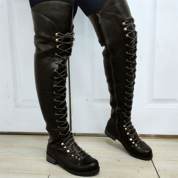

boots big size brand dropship female boots chunky heels over the knee women great quality lace up shoes fashion cool, Black