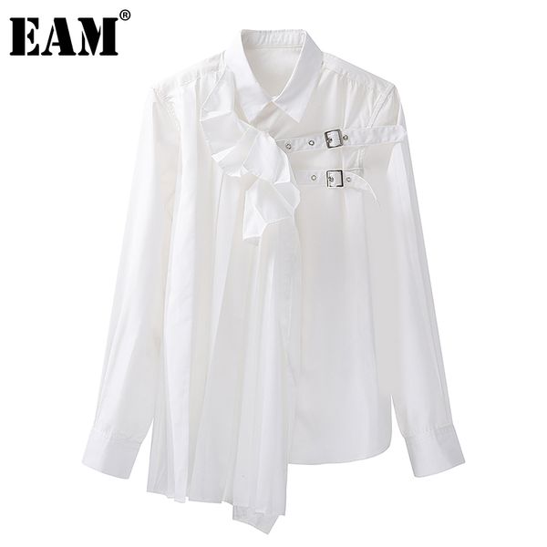 

[eam] women white big size ruffles irregular blouse lapel long sleeve loose fit shirt fashion spring autumn 1dd7431 210512