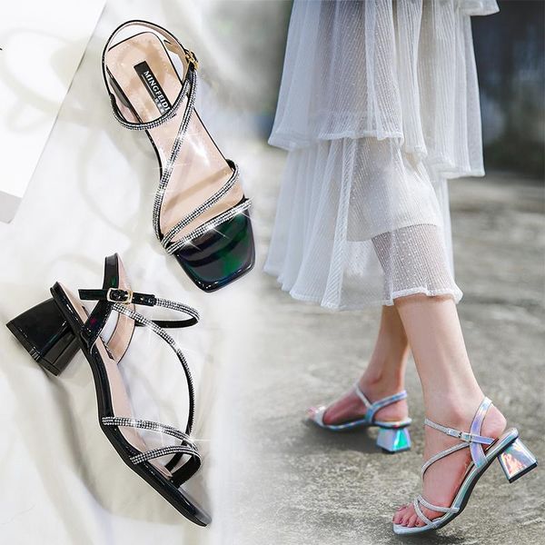 

summer female sandals women's square high heels blingbling crystal lace-up elegant wedding pumps plus size 41 42 43, Black