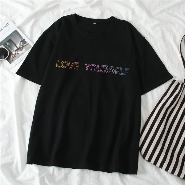 

harajuku letter printed summer womens short sleeve casual korean kpop love yourself album clothes, White