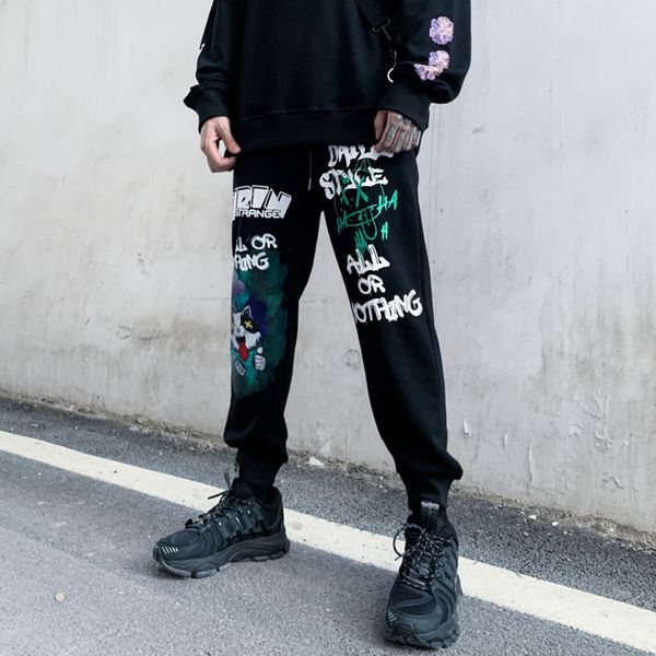 

pants trousers autumn and winter 2021 men's casual loose cartoon cat print korean trend versatile sports leggings, Black