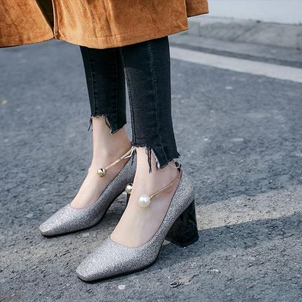 

dress shoes sequins pearls buckles single square head women's shallow mouth thick heel elegant comfortable, Black