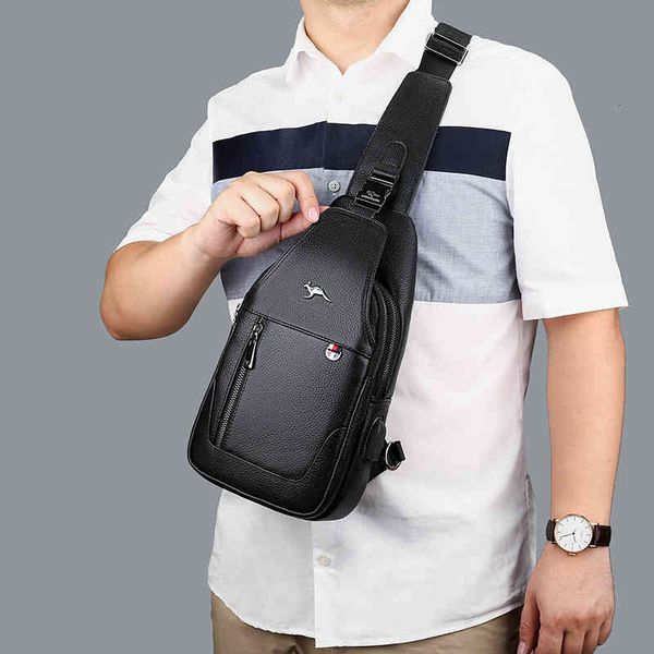

2021 first layer cowhide men's chest bag messenger leather single shoulder trend leisure small backpack, Black;red