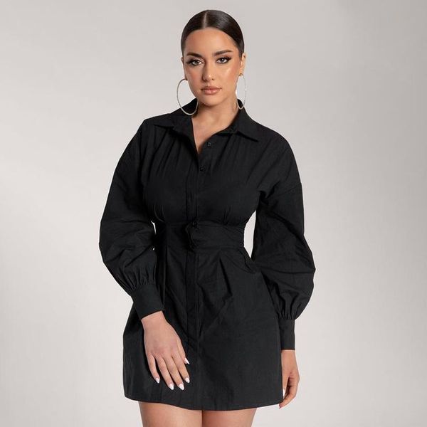 

casual dresses autumn women long sleeve mini shirt dress button v neck three quarter waist collection blouses shapewear corset, Black;gray
