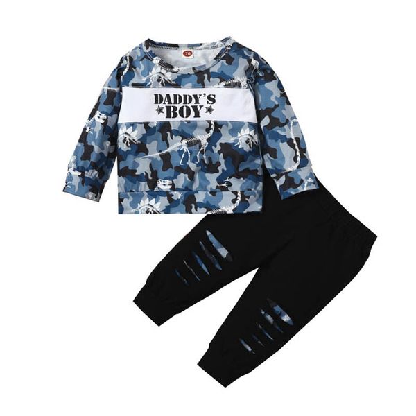 

boys outfits kids clothing sets baby clothes children suits long-sleeved dinosaur letter t-shirts hole pants trousers 2pcs b8466, White
