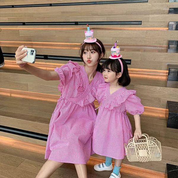 

family matching outfits high end parent-child clothing 2021 summer foreign style fashion women's v-neck solid color dress cotton1, Blue