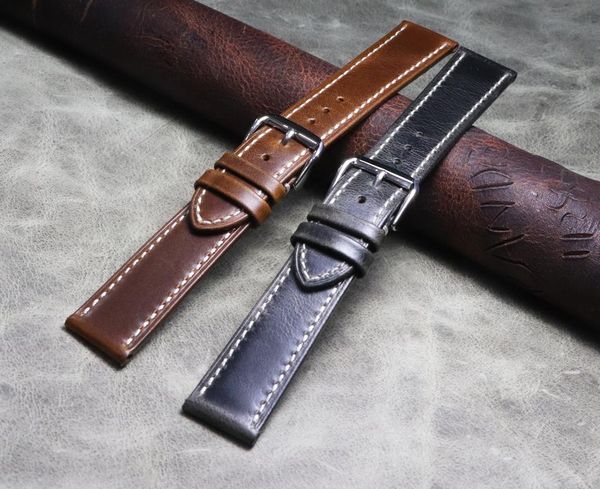 

watch bands thin section 18 19 20 21 22mm oil wax genuine leather belt handmade accessories strap retro cowhide watchbands, Black;brown
