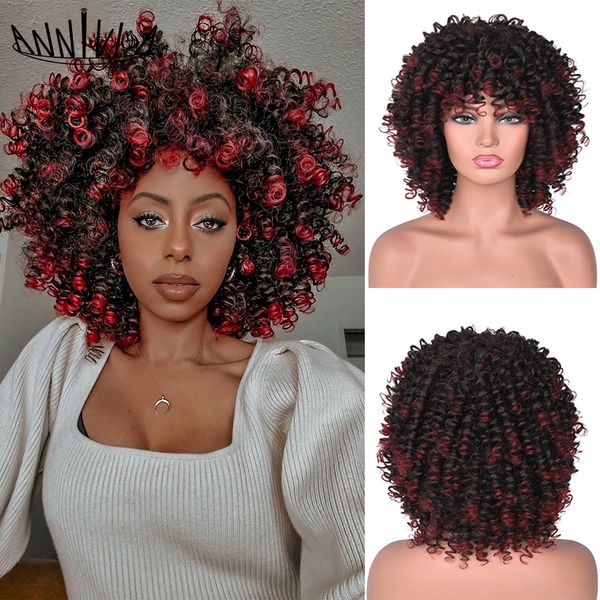 

short synthetic wig afro kinky curly wigs with bangs for black women ombre brown glueless natural high temperature hair annivia