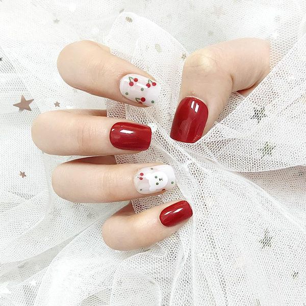 

false nails short cherry bear artificial fake fingernails nail full cover art salon diy for women, Red;gold
