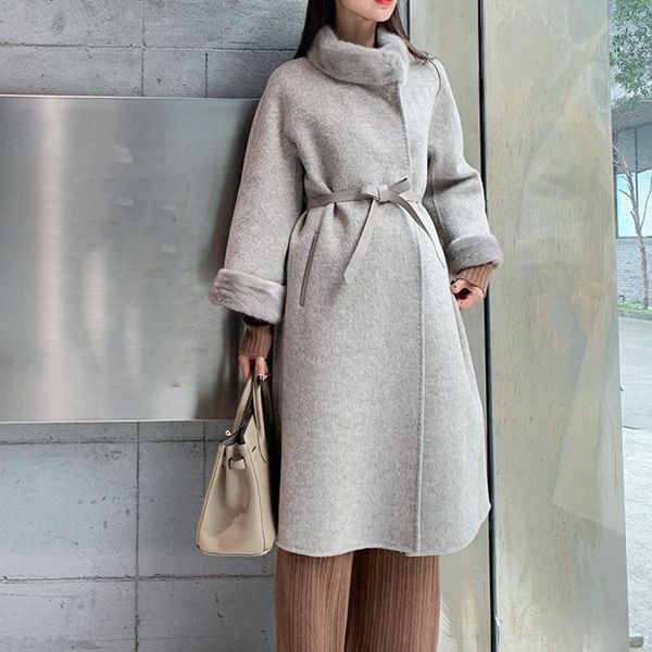 

women's fur & faux female winter coat natural sheep woolen with real mink collar women jacket for autumn lamb cardigans long jackets, Black