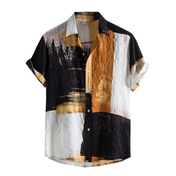 

men's casual shirts floral color matching men linen cotton short sleeve shirt summer loose baggy holiday beach hawaii 3, White;black