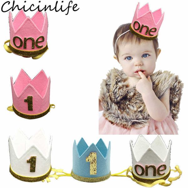 

chicinlife 1pcs blue/pink/white 1 years old crown headband baby shower boy girl 1st birthday party hat decor suppli