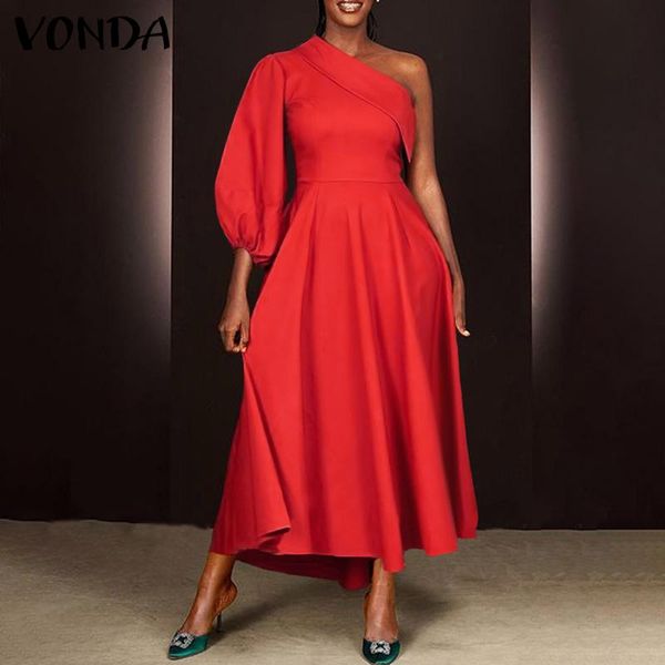 

casual dresses loose dress 2021 vonda women one shoulder puff sleeve maxi long zipper bohemian vestido oversized party robe, Black;gray