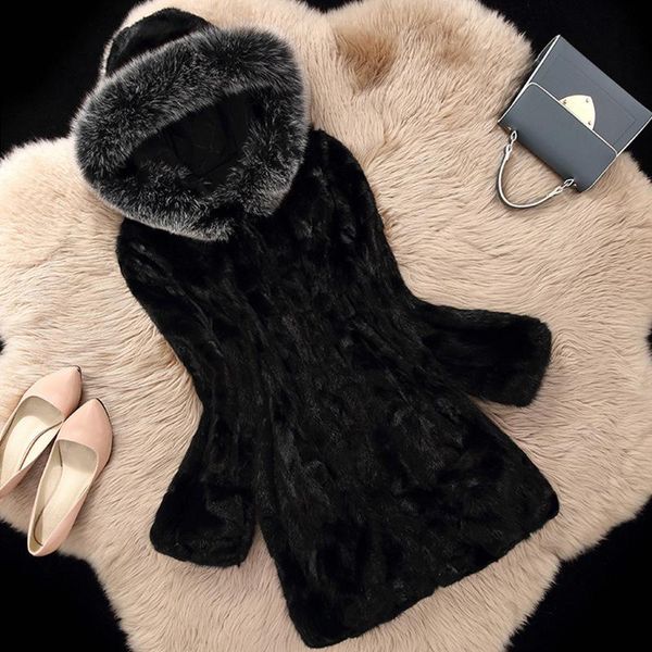 

women's fur & faux gamporl 2021 winter fashion coat luxury white furry hood warm comfortable mid-length, Black