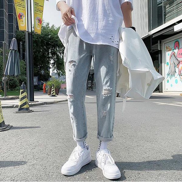 

summer retro holed jeans men's fashion brand trend versatile youth straight loose casual pants, Blue