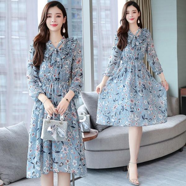 

casual dresses autumn winter print long sleeve beach dress 2021 vintage blue floral chiffon midi elegant women bodycon party vestidos, Black;gray