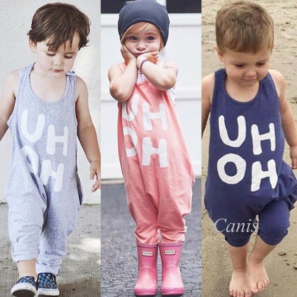 

1-8y toddler baby boy girl summer casual romper sleeveless letter print romper overalls baby clothes, White