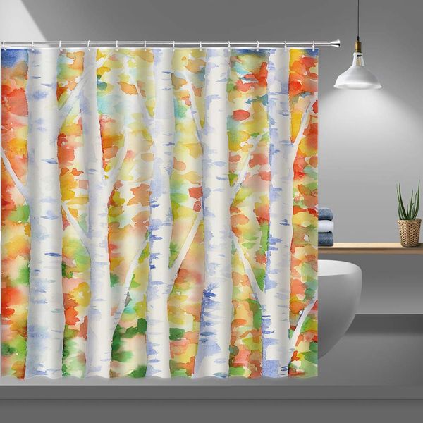 

birch tree shower curtains for bathroom,watercolor autumn forest fabric shower curtain with plastic hooks,69x70 inch garnet