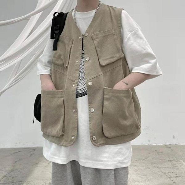 

men's vests korean men cargo vest mens fashion tooling hip hop sleeveless jacket loose casual multi-pocket outdoors spring, Black;white