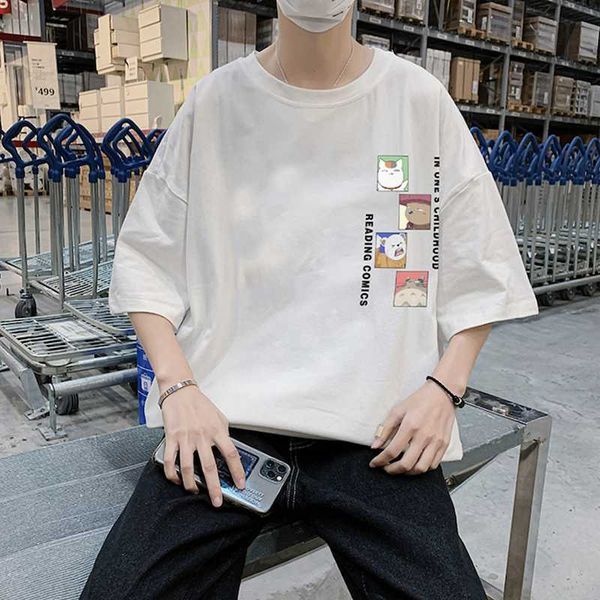 

men's t-shirts summer loose short-sleeved t-shirt male large size printed half-sleeved clothes bottoming shirt, White;black