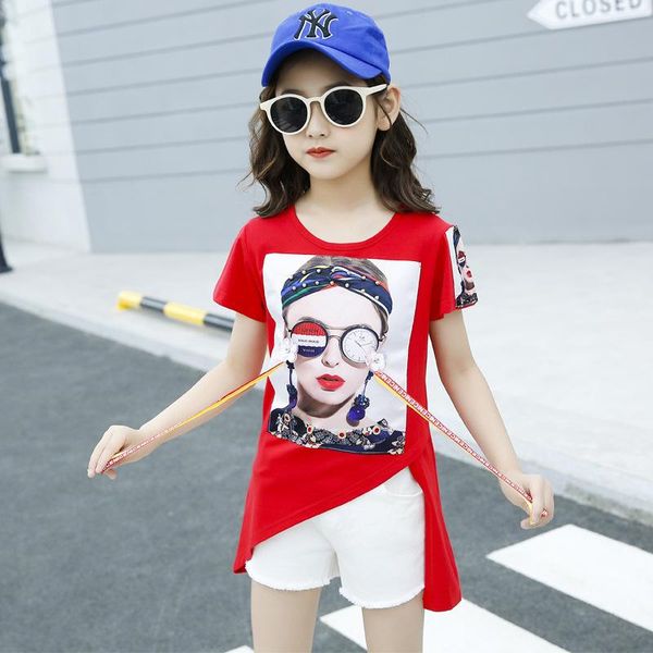 

teenager girls clothing sets summer clothes t-shirt+jeans shorts 2pcs children sports suits 4 6 8 10 12 13 years, White