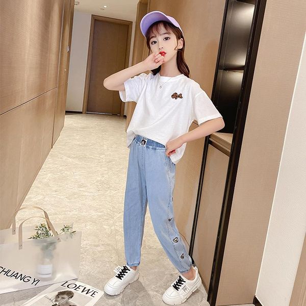 

children's girls summer clothes outfits korean style cartoon t-shirt+trousers two piece suit soft comfortable casual girl sets clothing, White