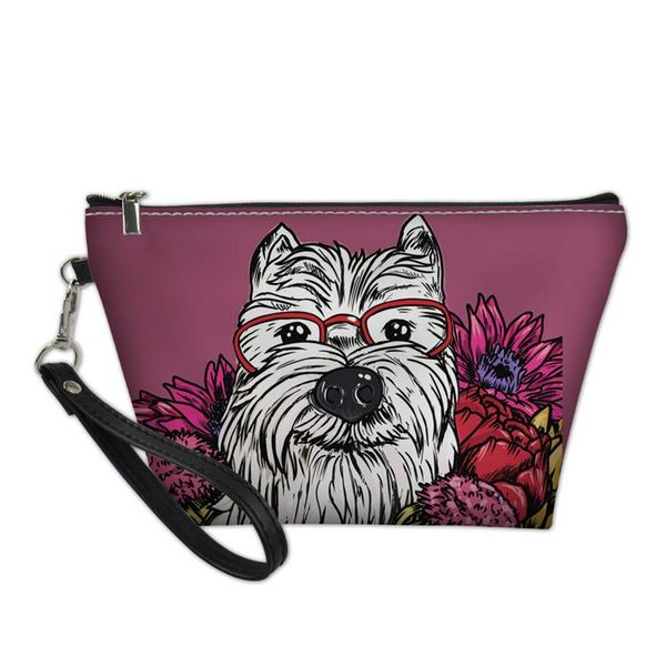 

kawaii floral westie dog print makeup bag toiletry wash pouch for women leather ladies cosmetic case make up bags & cases